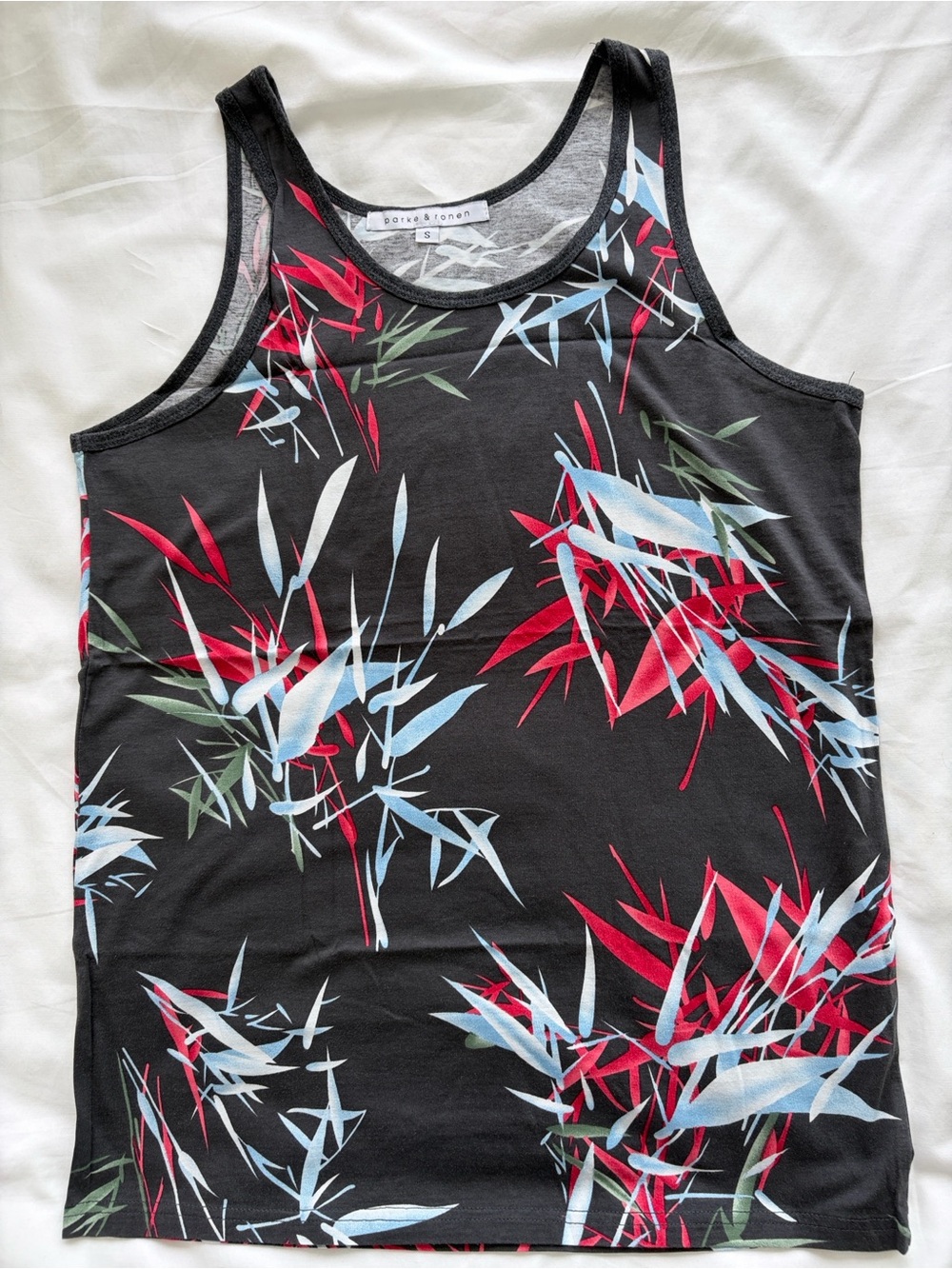 Parke & Ronen Black Floral-Print Tank with Red & Light Blue Accents